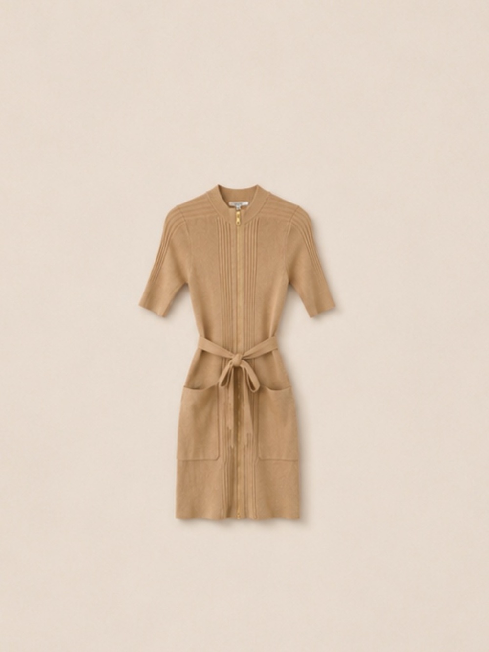 GUESS Kaden Sweater Dress XXS Beige Gold Zip Bodycon